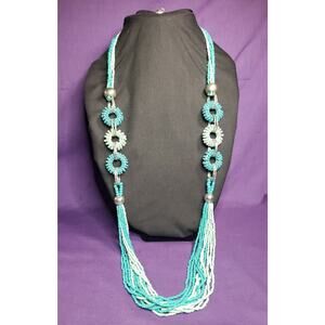 Erica Lyons Signed Turquoise and Mint Green Long Seed Bead Necklace, Silver Tone